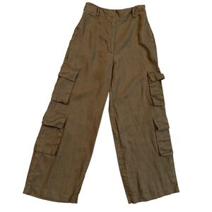 Reformation Olive Brown 100% Linen High Rise Wide Leg Cargo Pants Women  2